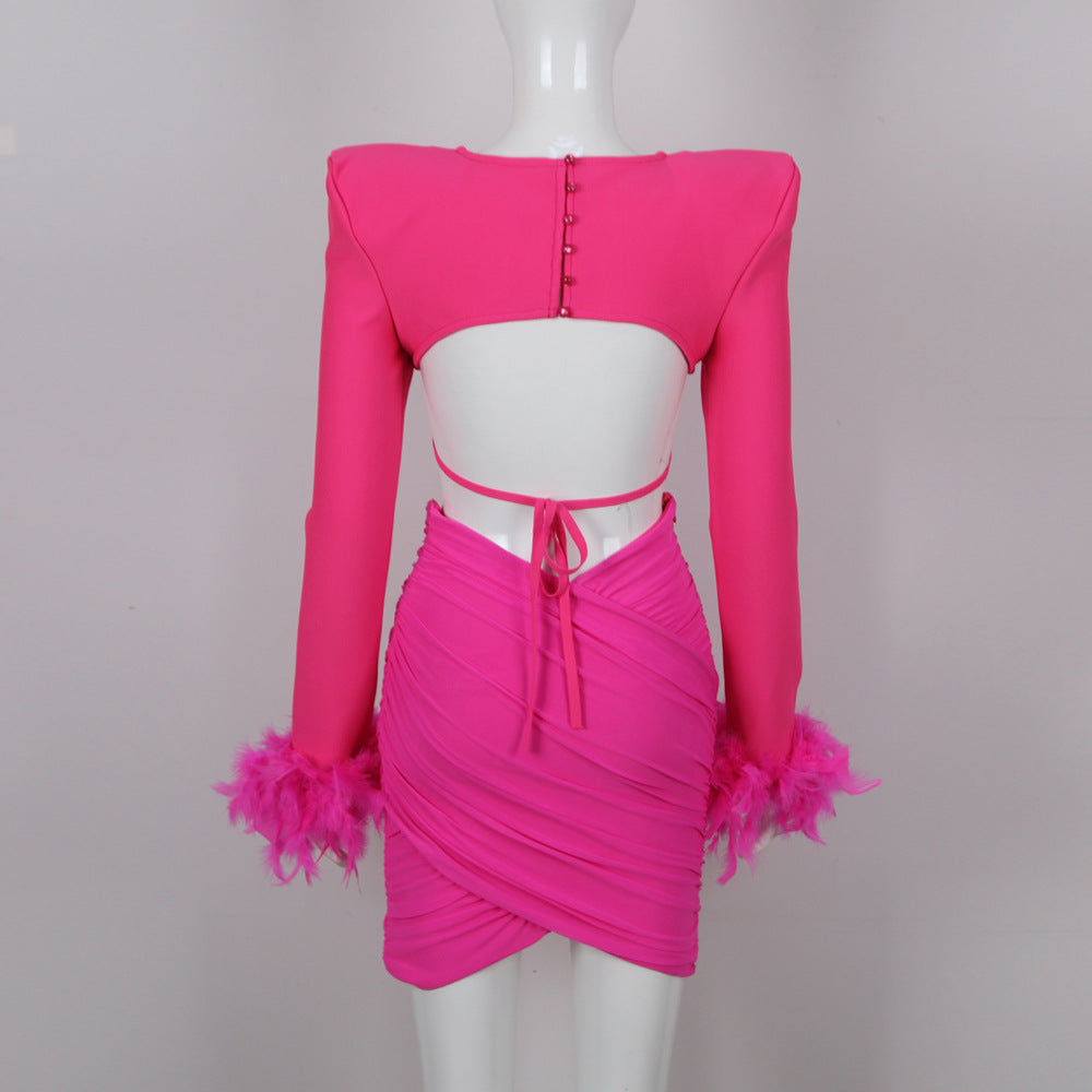 French feather long-sleeved dress