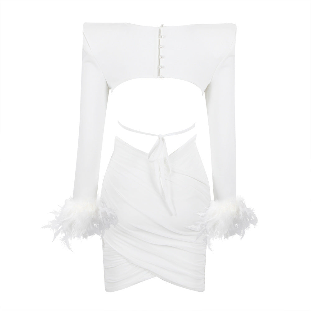 French feather long-sleeved dress