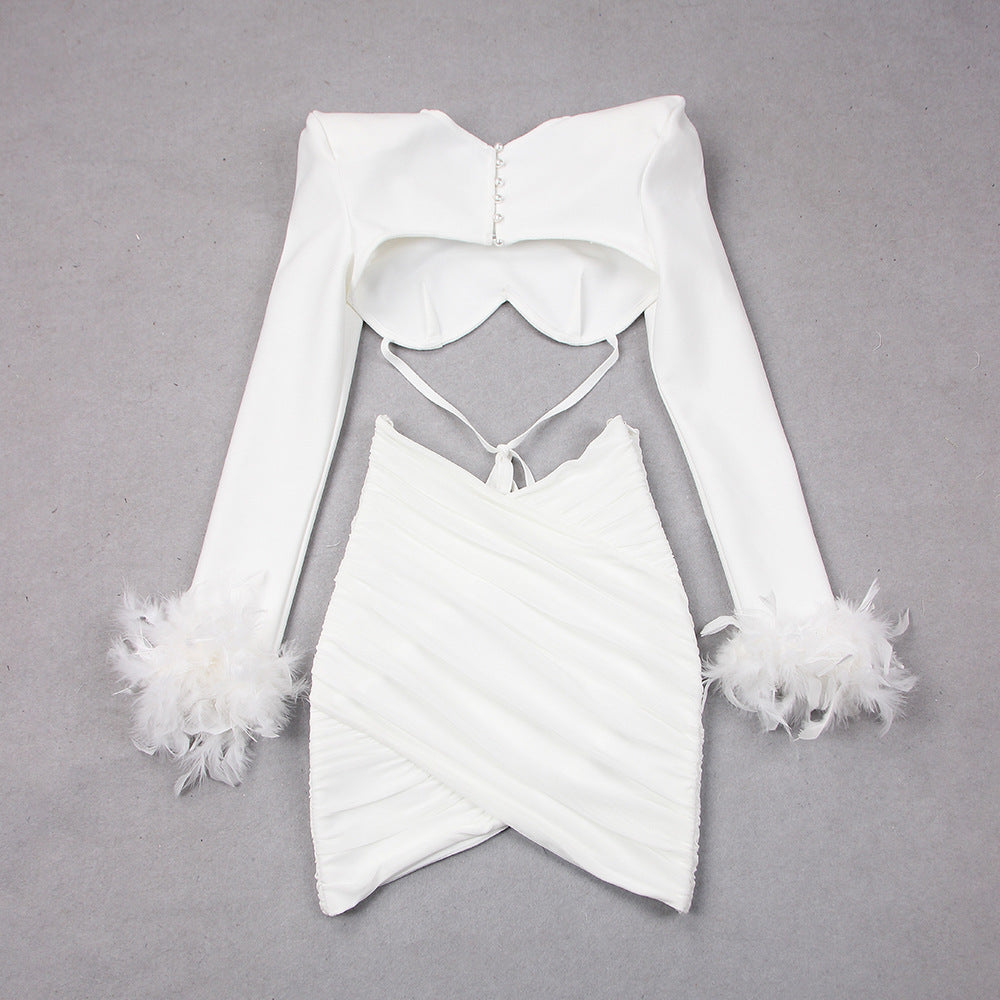 French feather long-sleeved dress