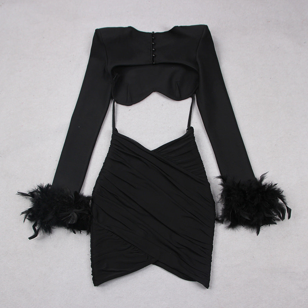 French feather long-sleeved dress