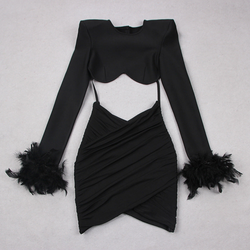 French feather long-sleeved dress