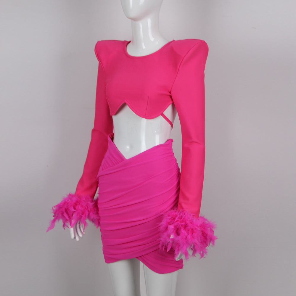 French feather long-sleeved dress