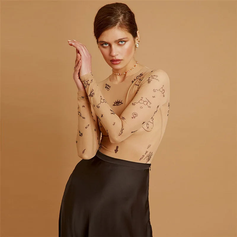 Print tight-fitting Long-Sleeved Bodysuit