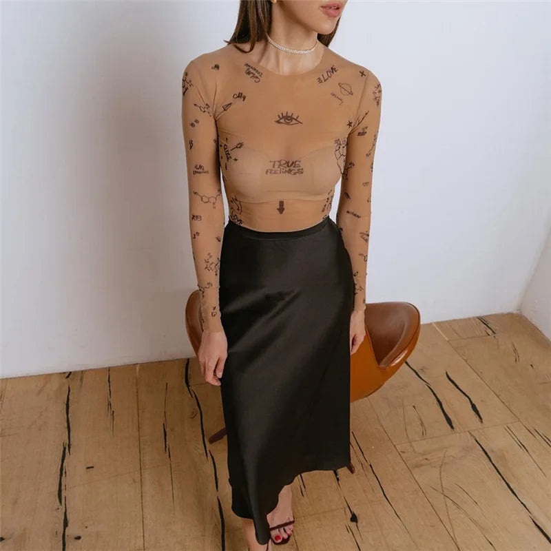 Print tight-fitting Long-Sleeved Bodysuit